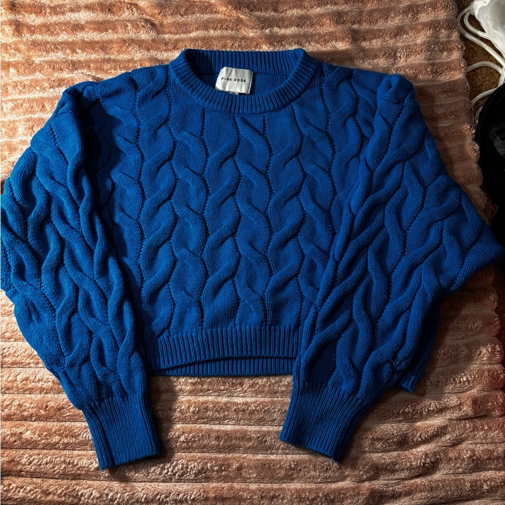 Pink Rose Blue Cable Knit Crew Neck Sweater